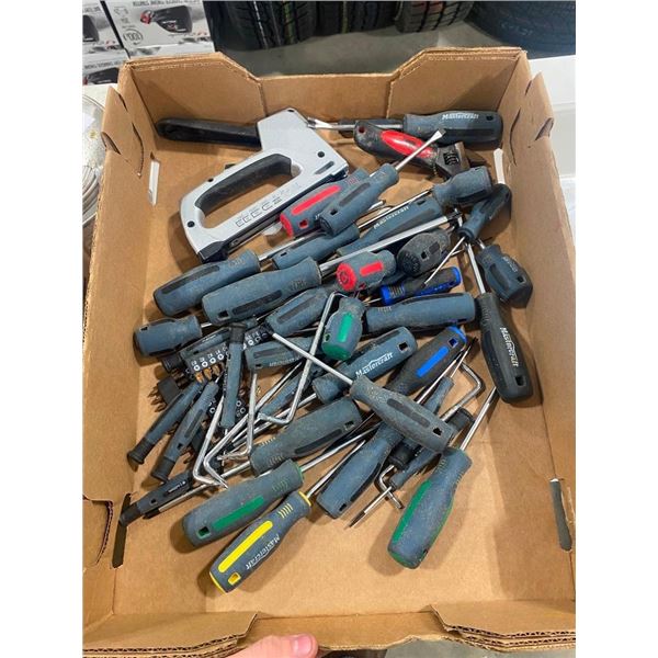 BOX OF ASSORTED SCREWDRIVERS, ETC.