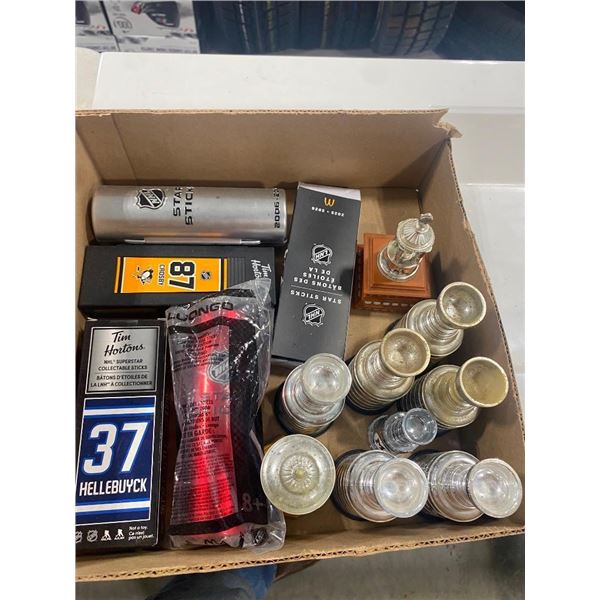 BOX OF COLLECTIBLE STANLEY CUPS AND SMALL HOCKEY STICKS