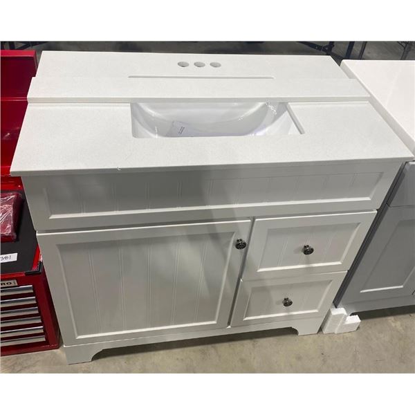 36IN BATHROOM VANITY WITH BACKSPLASH - TOP HAS 2 HAIRLINE CRACKS AS SEEN IN PIC