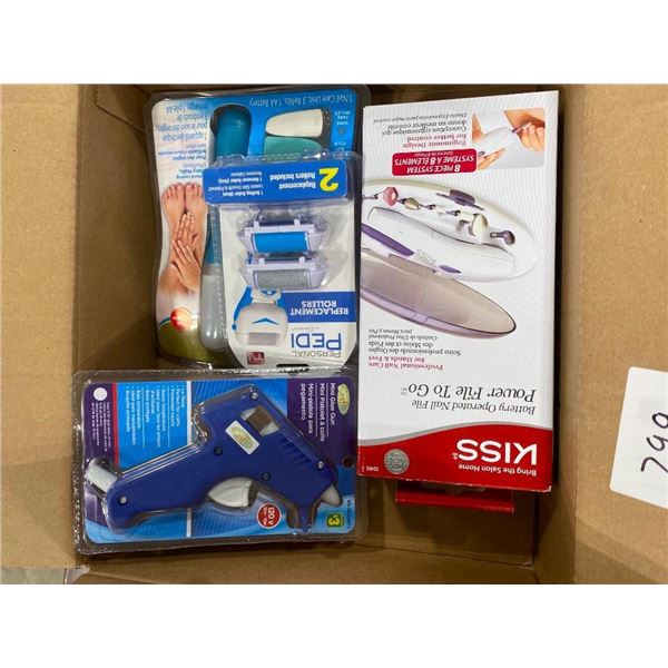 BOX OF FOOT CLEANING AND NAIL CLEANING TOOLS AND A GLUE GUN