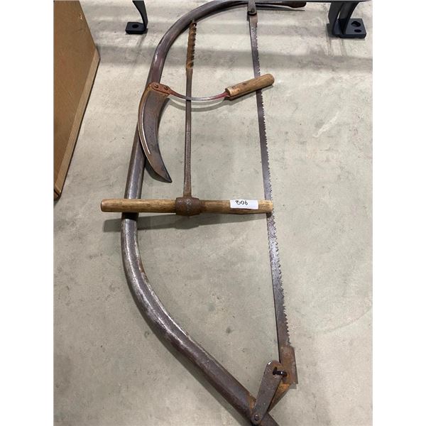 BUCKSAW, HAND DRILL, AND A SCYTHE