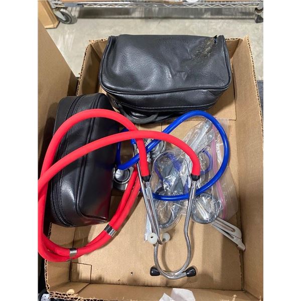 BOX LOT OF MEDICAL TOOLS AND STETHOSCOPES