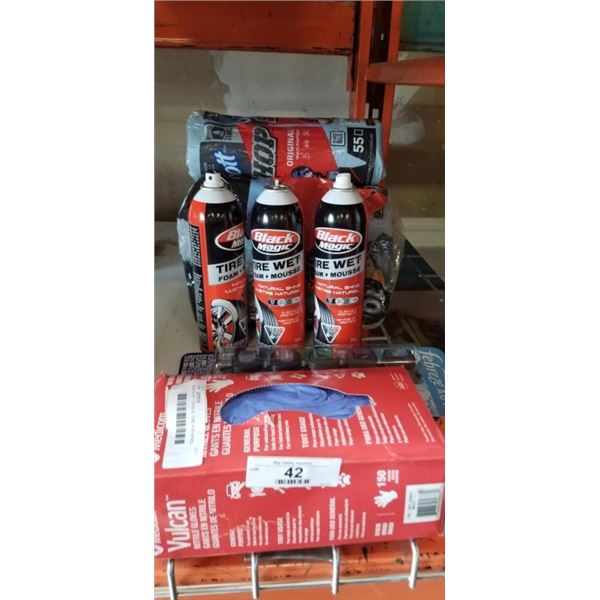 NEW SHOP TOWELS, TIRE AND WHEEL SHINE, DISPOASABLE GLOVES, AND FEBREEZE AUTO