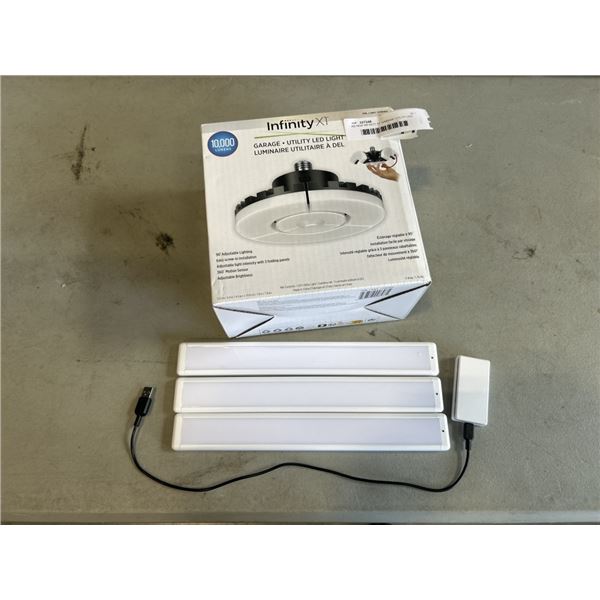 AS NEW INFINITY X1 GARAGE UTILITY LED LIGHT AND 3 INFINITY LED LIGHT FIXTURES
