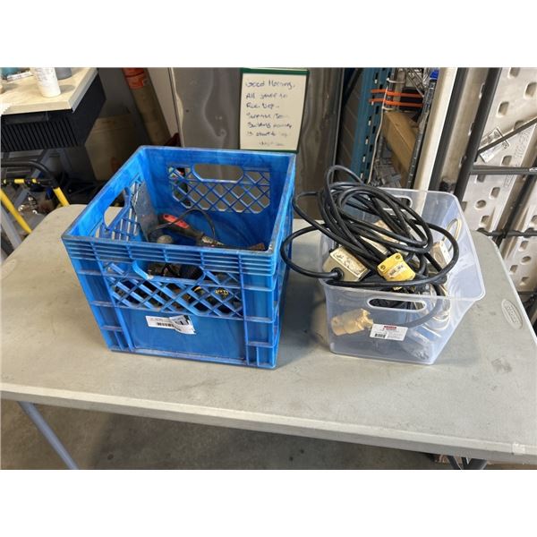 MILK CRATE OF TOOLS INCLUDING 18V BATTERY & CHARGER, TAPE MEASURERES, POWER BAR, WORKLIGHT ETC