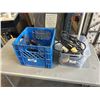 Image 1 : MILK CRATE OF TOOLS INCLUDING 18V BATTERY & CHARGER, TAPE MEASURERES, POWER BAR, WORKLIGHT ETC