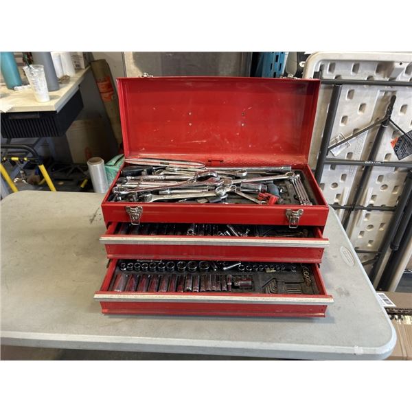 RED TOOL BOX FILLED WITH WRENCHES, SOCKETS ETC