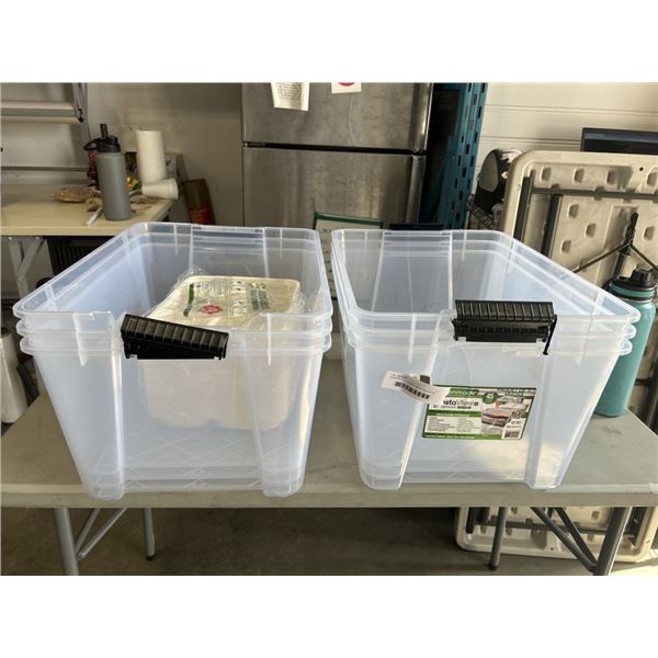 GO4GREEN 5 COMPARTMENT TRAYS (100 UNITS), AND 5 PLASTIC TOTES (2 HAVE DAMAGE TO HANDLES)