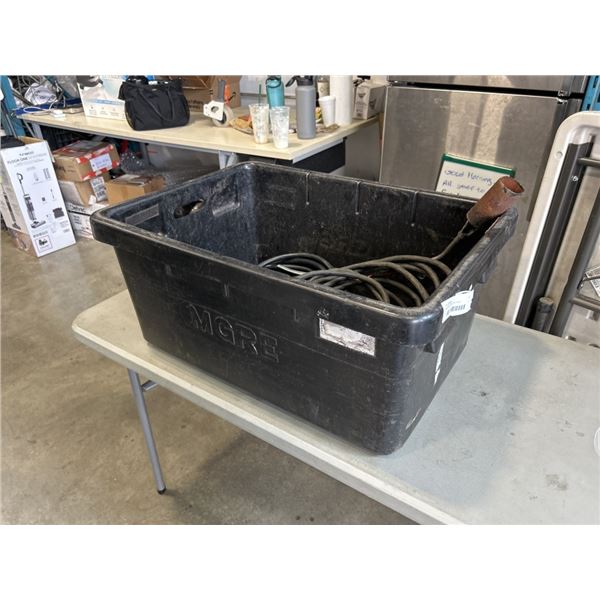 GAS TORCH IN PLASTIC TOTE AND JUMPER CABLES