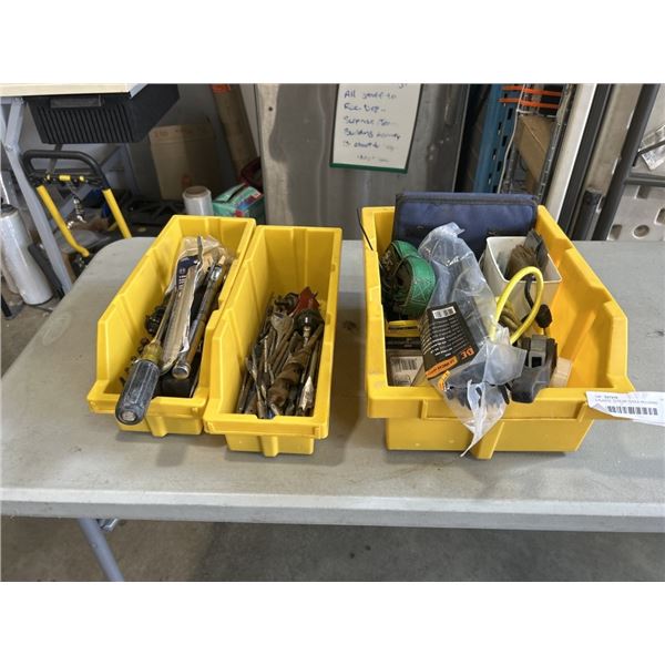 3 PLASTIC TOTE OF TOOLS INCLUDING ADJUSTABLE RATCHET, DRILL BITS, SCREWDRIVERS ETC