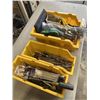 Image 2 : 3 PLASTIC TOTE OF TOOLS INCLUDING ADJUSTABLE RATCHET, DRILL BITS, SCREWDRIVERS ETC