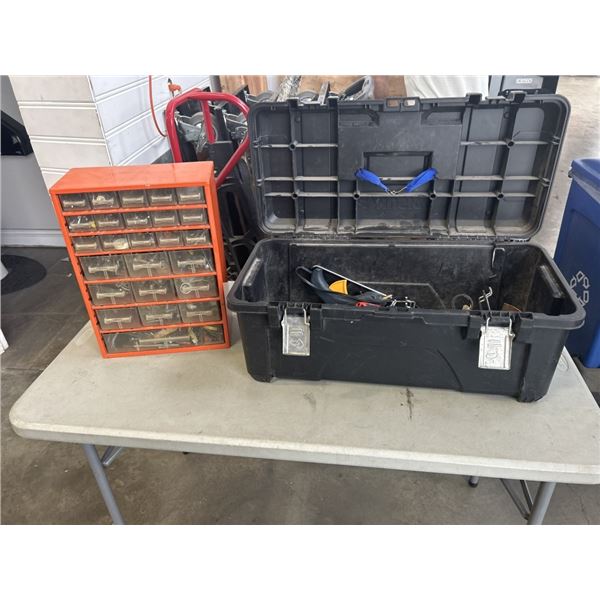 HUSKY TOOL BOX AND ASSORTED HAND TOOLS AND PARTS ORGANIZER, FULL OF HARDWARE