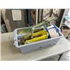 Image 1 : PLASTIC TOTE OF TOOLS INCLUDING WRENCHES, DRILLS BITS, HEAVY DUTY SCRAPPERS, SCREWDRIVERS ETC