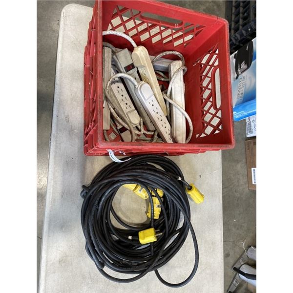 CRATE OF EXTENSION CORDS AND POWER BARS