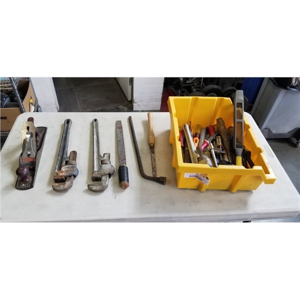 PLASTIC TOTE OF TOOLS INCLUDING 5 WRENCHES, PLANE, CHISELS, FILES ETC