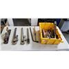Image 1 : PLASTIC TOTE OF TOOLS INCLUDING 5 WRENCHES, PLANE, CHISELS, FILES ETC