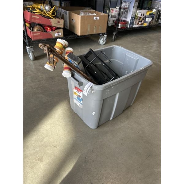 TOTE WITH LEVEL, METAL SAW, CABLE COME ALONG, CROCKET SET WALL RACK ETC