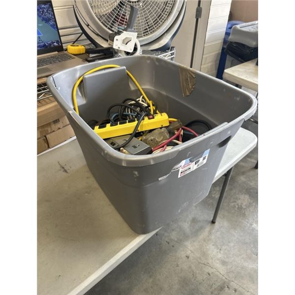 PLASTIC TOTE OF EXTENSION CORDS AND POWER BARS