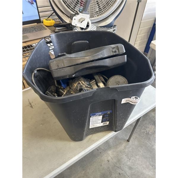 PLASTIC TOTE OF WORKING TOOLS INCLUDING SKILLSAW, JIGSAW, DRILL, 1 BELT SANDER, 1 DISC SANDER