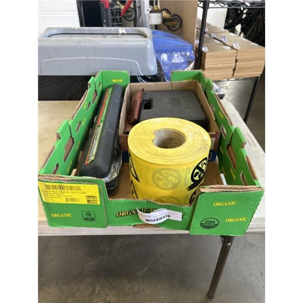 1/2 INCH ADJUSTABLE TORQUE WRENCH, 2 ROLLS OF CAUTION TAPE AND ASSORTED SHOP TOOL AND SUPPLY