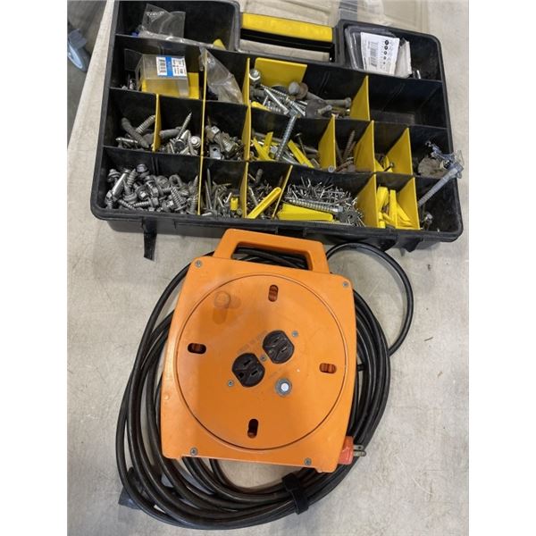 PARTS ORGANISER WITH CONTENTS AND AN EXTENSION CORD REEL