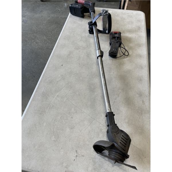 ULTRA LIGHTWEIGHT CORDLESS 21 VOLT WEED TRIMMER WITH TWO BATTERIES CHARGER AND FIVE NEW BLADES
