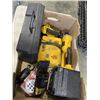 Image 1 : TRAY OF DEWALT ITEMS INCLUDING GRINDER, BATTERY, DUAL BAY CHARGER, HOLSTER, DRILL, HEATER ETC