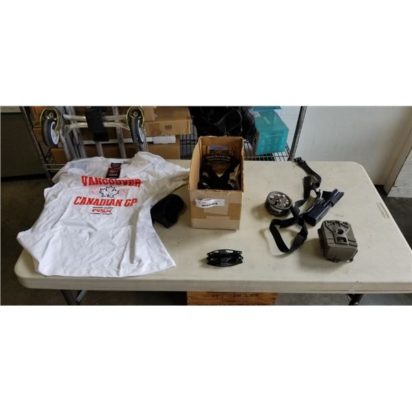 TRAIL CAMERA, MARLIN FLY FISHING REEL, ASSORTE DHUNTING AND FISHING ITEMS, ETC