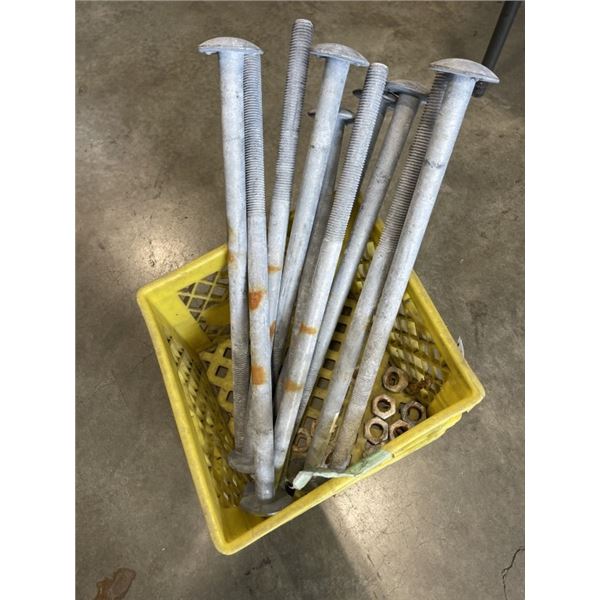 TEN 1" X 23" BOLTS WITH NUTS IN MILK CRATE