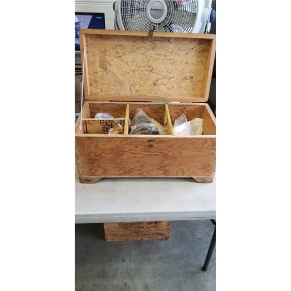 PLYWOOD TRUNK WITH ASSORTED LAMP BUILDING HARDWARE