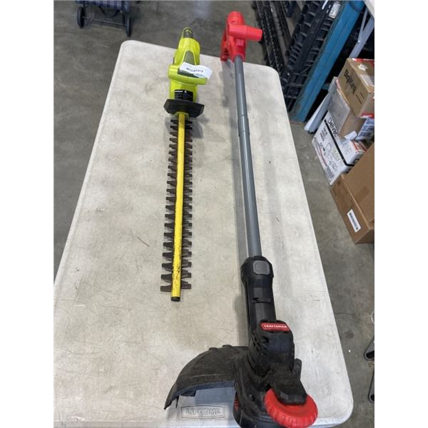 SUNJOE HEDGE TRIMMER AND CRAFTSMAN WEED WACKER. WORKING. SUNJOE HAS A BATTERY. NEITHER HAS CHARGER