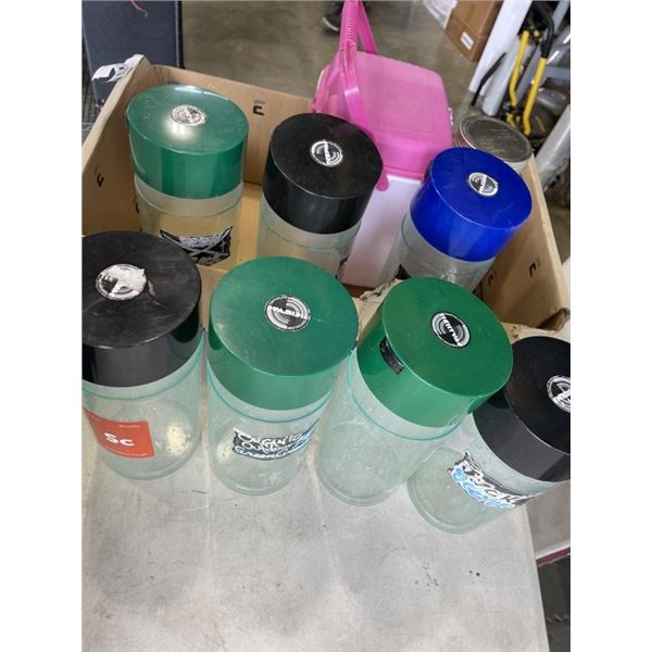7 VACUUM SEAL CANNISTERS, GLASS DISPENSER, ETC