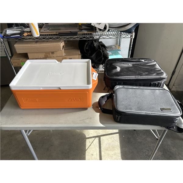 VINTAGE COLEMAN COOLER AND 2 BRIEFCASES
