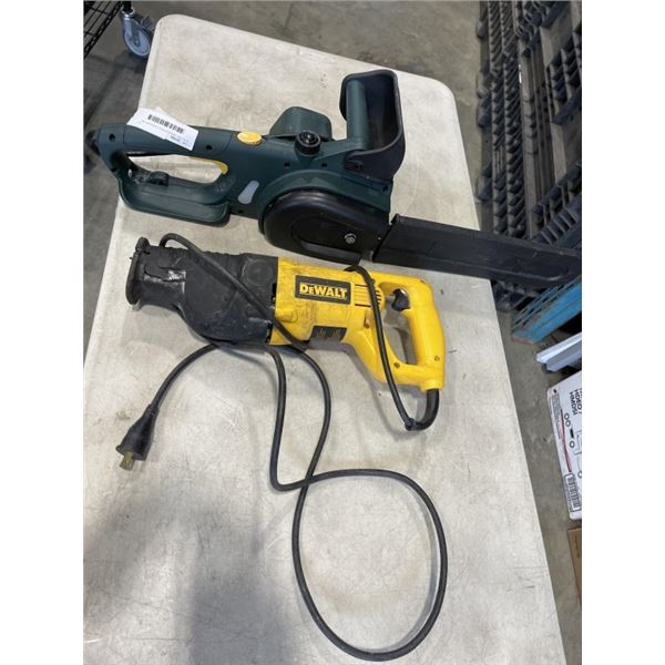 ELECTRIC GREENWORKS CHAINSAW AND DEWALT SAWZAL.