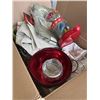 Image 3 : TRAY OF MISC INCLUDING JELLY BEAN MACHINE, TABLE CLOTHS, GLASS JAR ETC