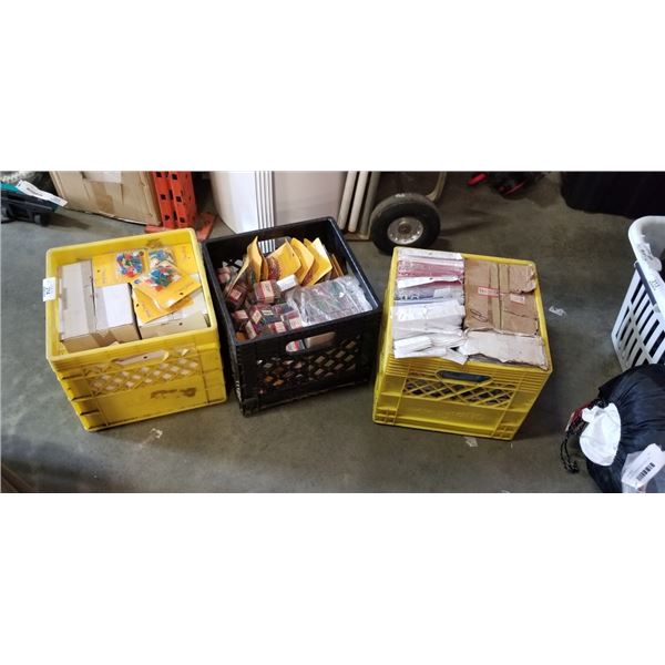 MILK CRATE OF FLAG PINS, MILK CRATE OF PAPER CLIPS, AND MILK CRATE OF TISSUE PAPER AND PAPER CLIPS