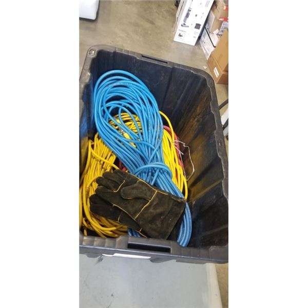PLASTIC TOTE OF EXTENSION CORDS