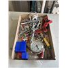 Image 1 : TRAY OF TOOLS INCLUDING 90-DEGREE RIGHT ANGLE CORNER CLAMP, METAL REVOLVING LEATHER HOLE PUNCH, MULT