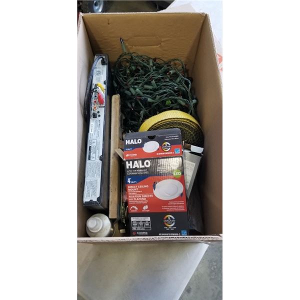 TRAY OF ITEMS INCLUDING HEAVY DUTY STRAPPING, CHRISTMAS LIGHTS, STIHL CHAINSAW BLADE, DVD PLAYER ETC