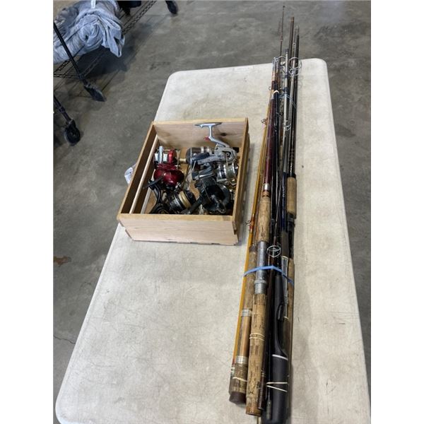 ASSORTED FISHING RODS AND TRAY OF 6 REELS