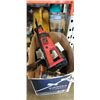 Image 1 : BOX OF MISC TOOLS INCLUDING RECIPROCATING SAW, SWITCHES, CUTTERS, AND BOX OF TRAILER OF JACKS, AND 2