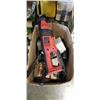 Image 2 : BOX OF MISC TOOLS INCLUDING RECIPROCATING SAW, SWITCHES, CUTTERS, AND BOX OF TRAILER OF JACKS, AND 2