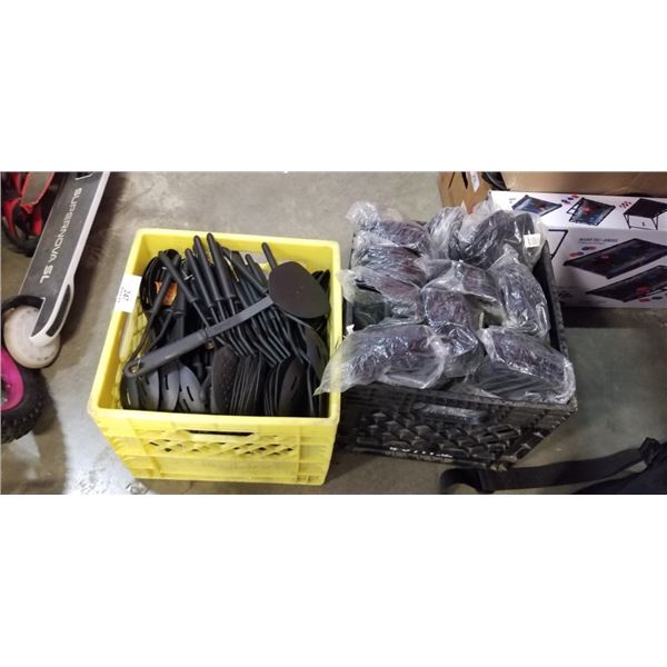 2 MILK CRATES OF SPATULAS AND SPOONS