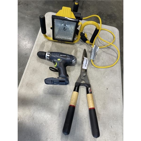 GARDEN SHEARS, WORK LIGHT, AND PRO PULSE SCREW GUN. NO BATTERY/CHARGER FOR SCREW GUN