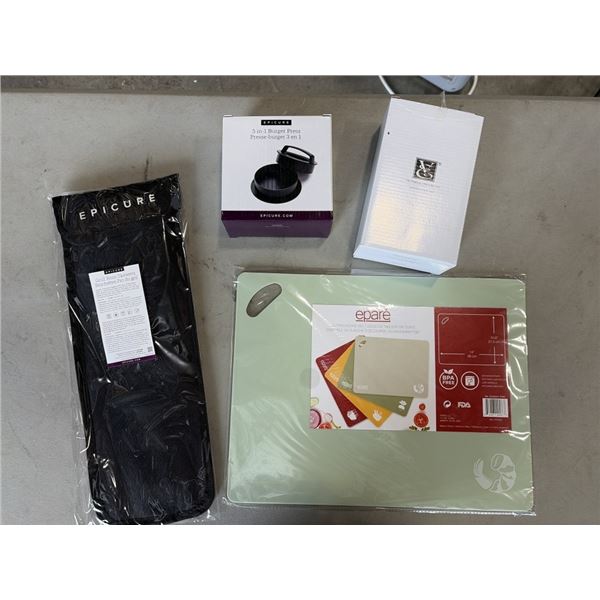 NEW EPICURE COOKING ACCESSORIES - 4PC CUTTING BOARD SET, APPLE WEDGER, 3-IN-1 BURGER PRESS, AND SET 