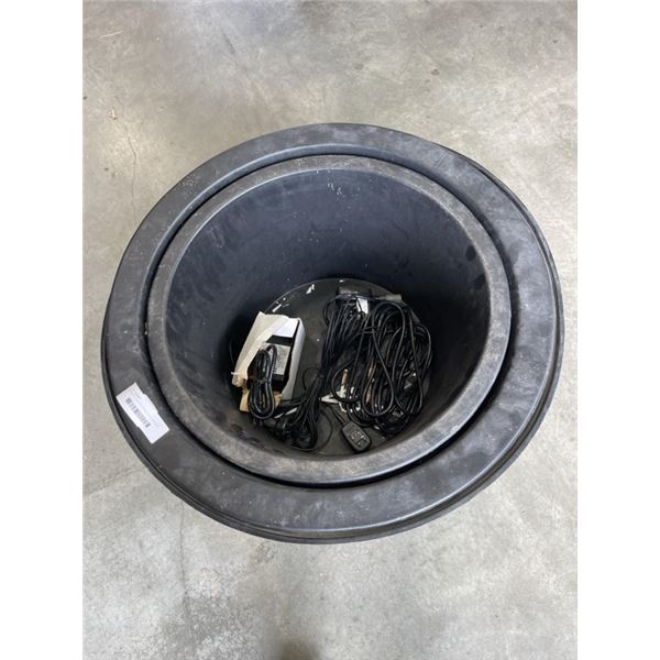 3 PLASTIC FOUINTAIN PAILS WITH 2 PUMPS AND POWER SUPPLIES