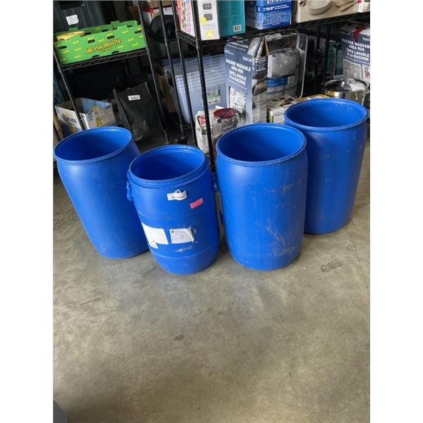 4 SMALL BLUE BARRELS. NO LIDS
