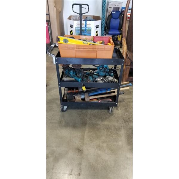 3 TIER 4 WHEEL WAREHOUSE CART WITH 2 MAKITA GRINDERS, MAKITA PLANER, SCREWGUN, SHEAT METAL CUTTER, A
