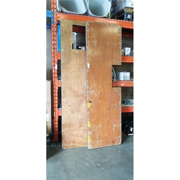 2 8FT FOLDING WOOD MARKET TABLE, ONE HAS HOLE FOR SINK OTHER HAS NOTCH