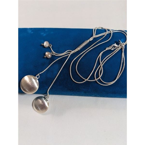 SILVER W/ PEARLS TASSELS NECKLACE, MARKED 925 IN EATON'S CASE